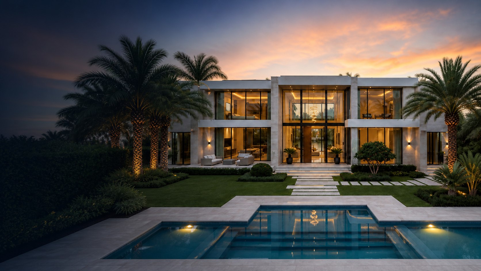 Modern South Florida waterfront residence at sunset