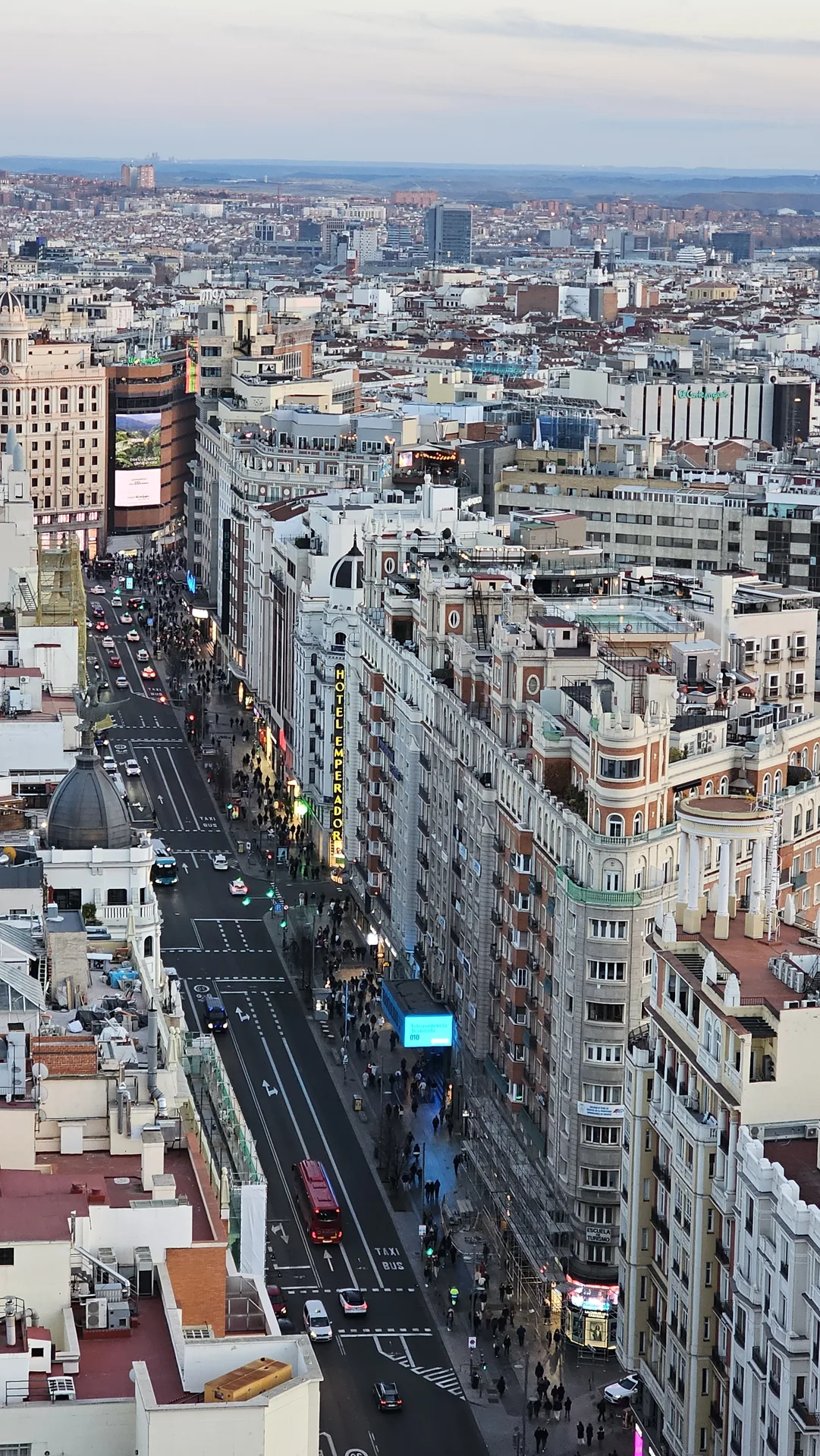 View over Gran Via and central Madrid buildings