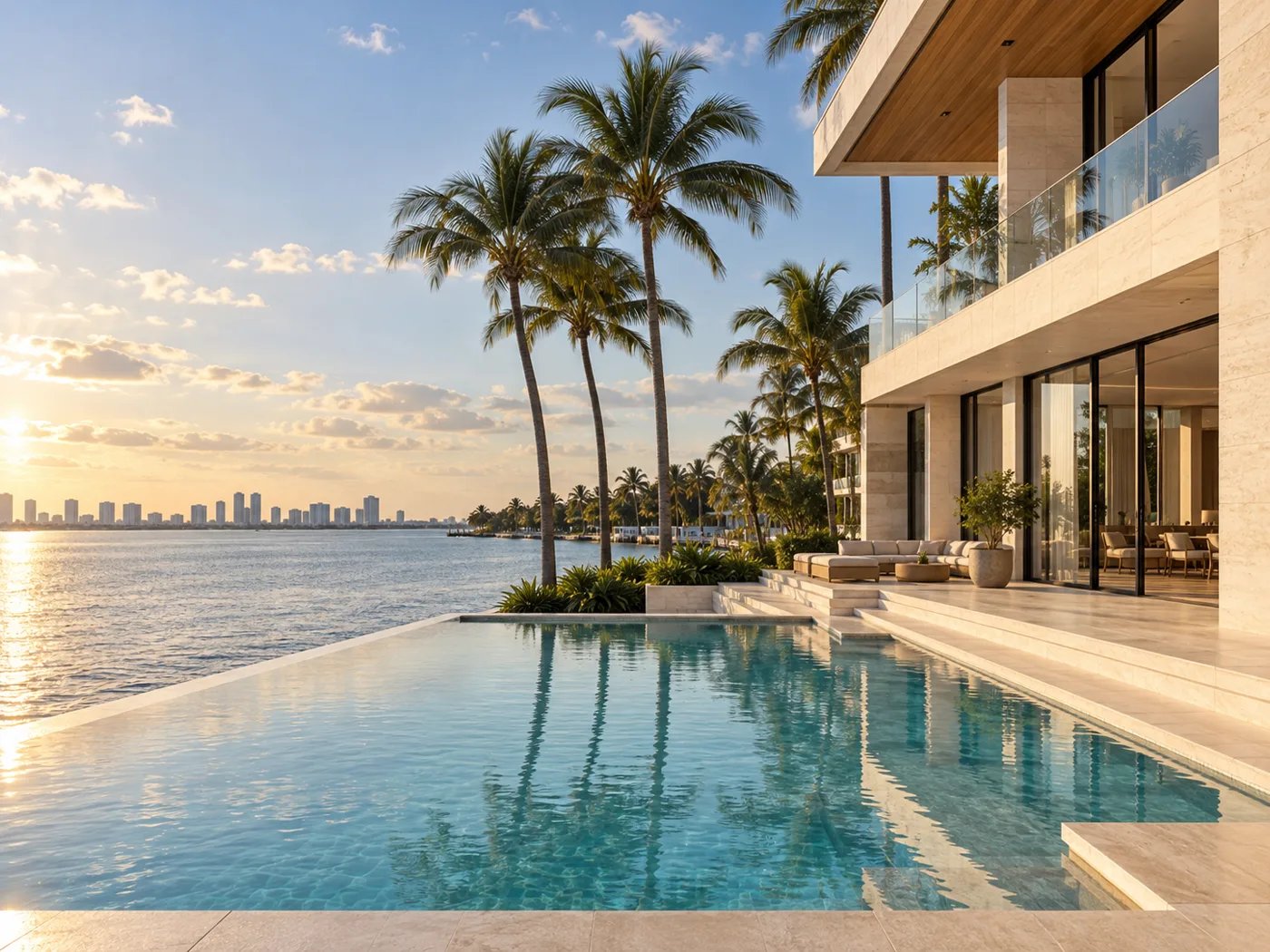 Conceptual South Florida waterfront architecture with a shaded residential terrace