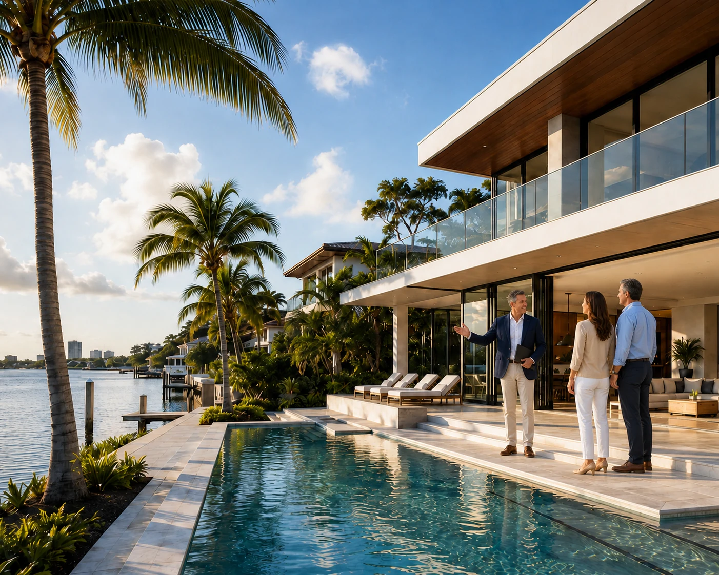 Illustrative property showing: an agent holding a folder guides a couple along a South Florida waterfront home's poolside terrace